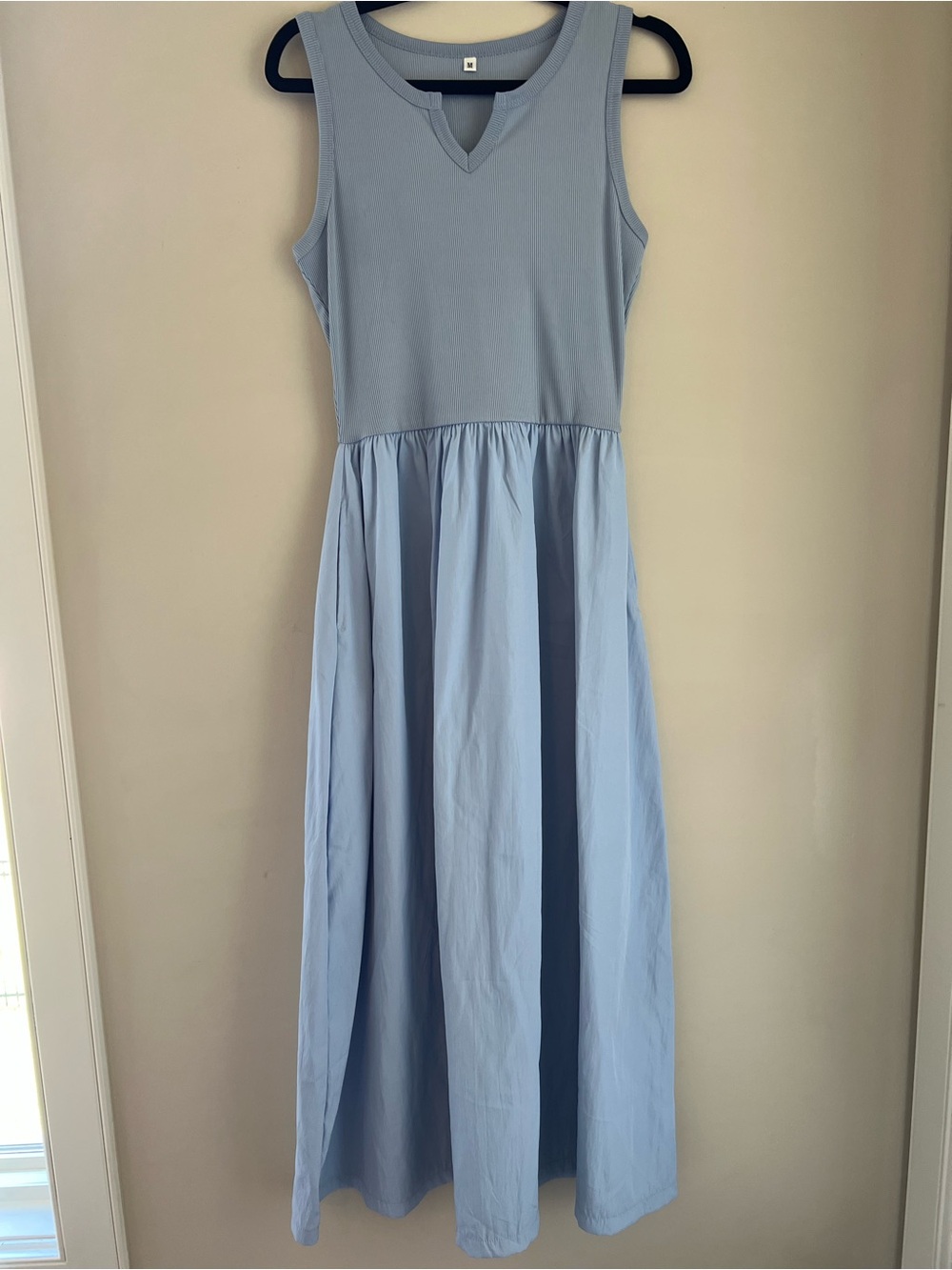 Light Blue Ribbed Bodice Maxi Dress with Pockets | Size M
